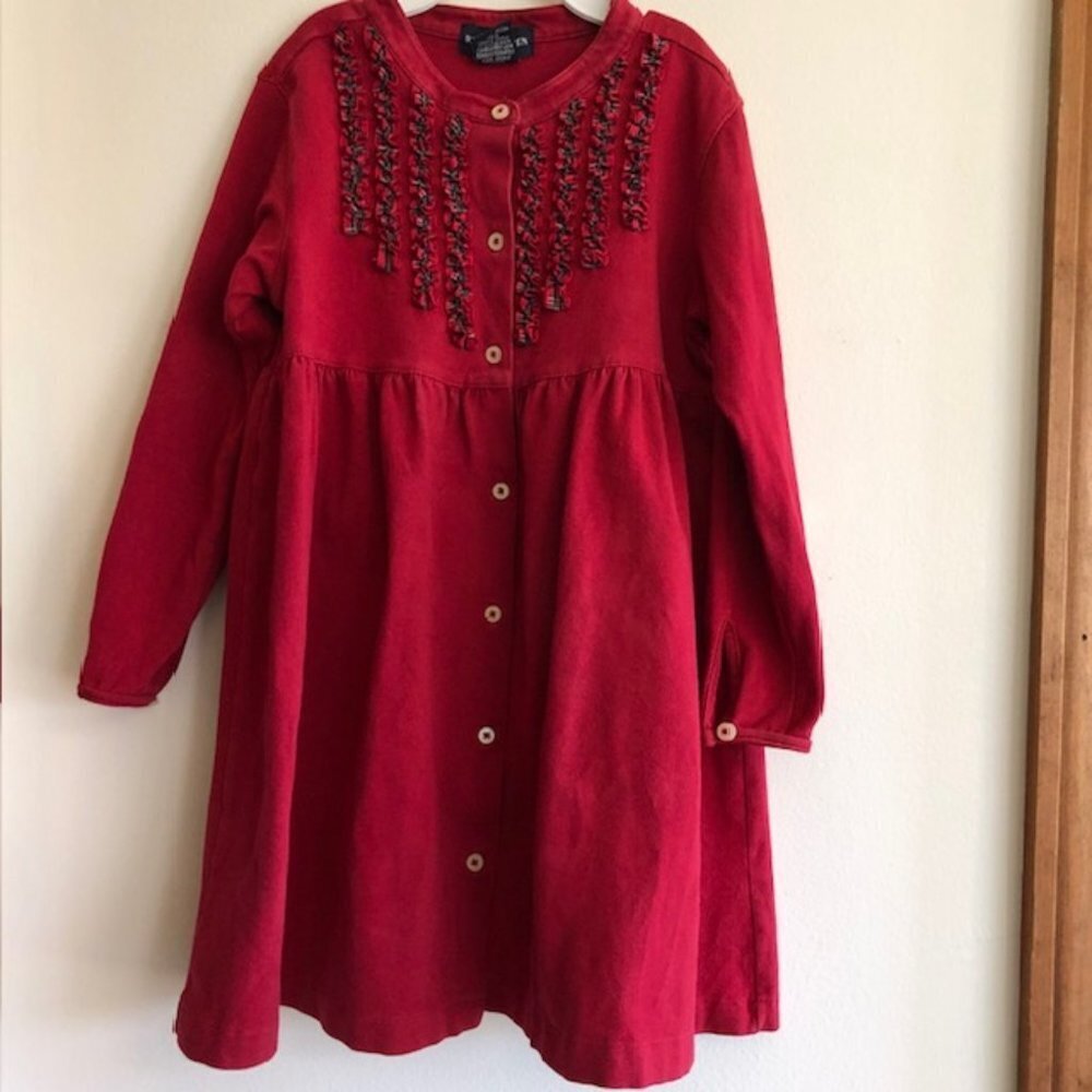 RALPH LAUREN Red Ruffle Ribbon Accent Banded Collar Long Sleeve Shirt Dr…